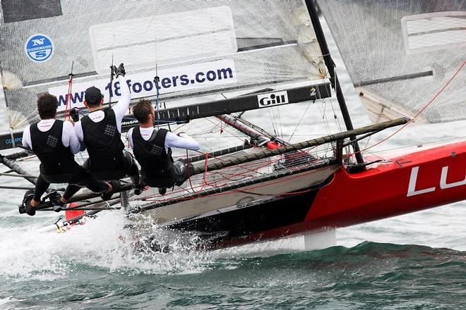 The Panasonic Lumix team drove their skiff hard downwind ©  Frank Quealey / Australian 18 Footers League